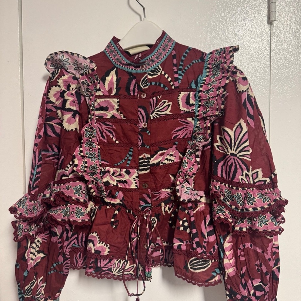 FARM Rio Burgundy Floral Ruffle Blouse